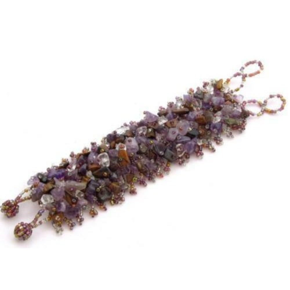 Artisan Made Wide Glass Beaded Amethyst Tiger'S Eye Quartz Gem Bracelet*7"